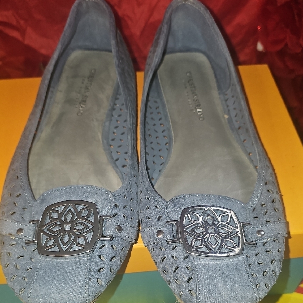 Christian Siriano Perforated Blue Suede Loafers with Metal Accent Size 9½